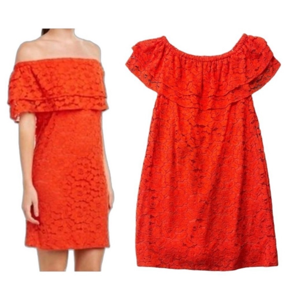 Trina Turk Off the Shoulder Lace Mini Dress in Tangerine